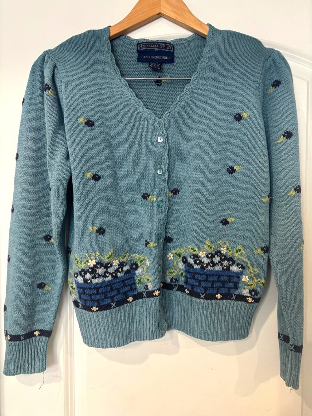 Vintage 90s Herman Geist Blue Cottagecore Hand Embroidered Sweater Sz Small